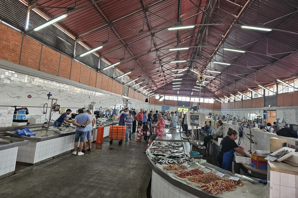 Busy indoor fish market with various fresh seafood and fish displayed on counters for sale in Olhao, Portugal.