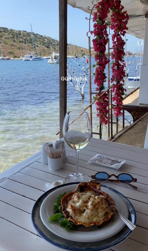 Fresh seafood and a glass of white wine on a table at a waterfront restaurant in the charming village of Gümüşlük, Turkey.
