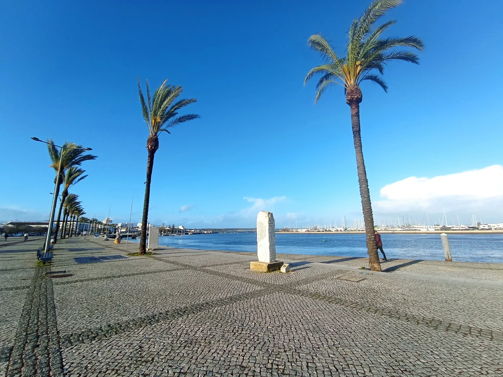 Palm-lined promenade along the Arade River in Portimão on a clear morning, perfect for a scenic walk or bike ride.