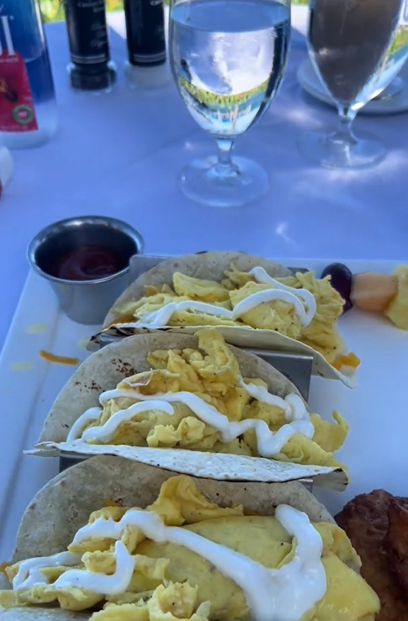 A plate of fresh breakfast tacos served for a beachside meal at Latitudes restaurant on Sunset Key.