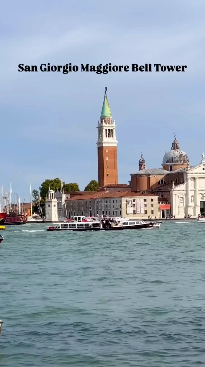 The island of San Giorgio Maggiore in Venice, featuring its famous church and bell tower which offers incredible city views.