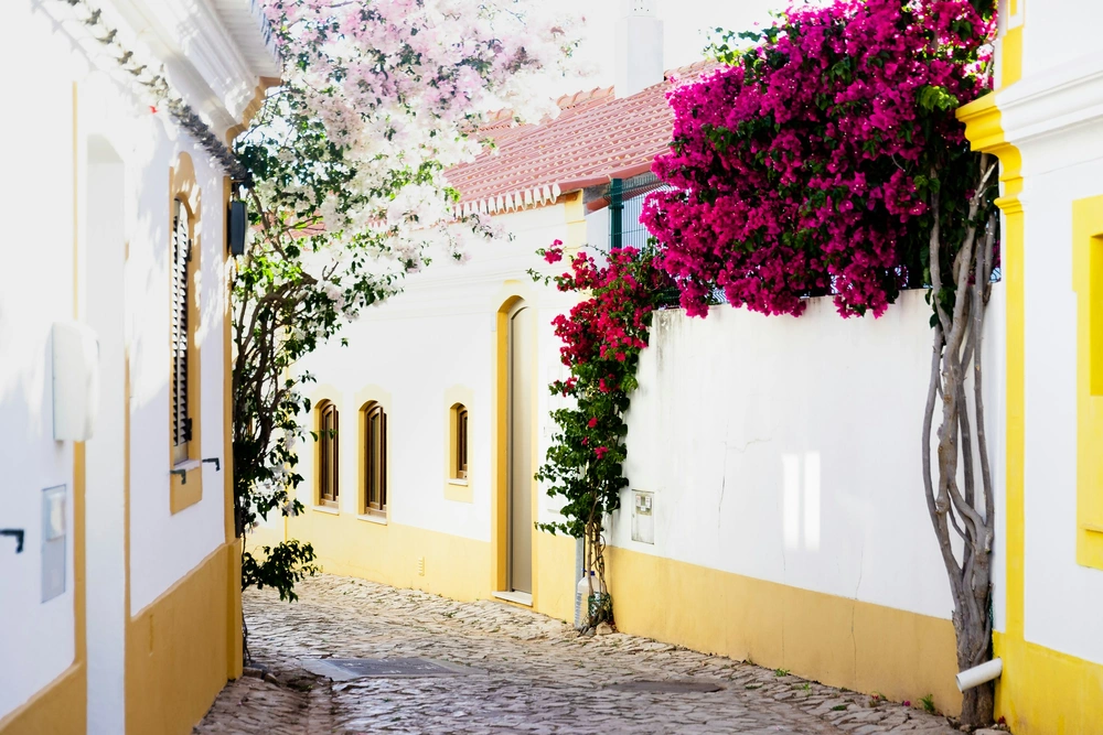 Ferragudo Village with bright flowers on the side of a house